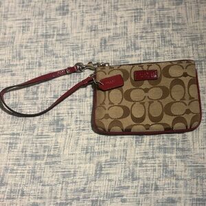 Coach Corner Zip Wristlet in Khaki and Red, Authentic, No Callouts!
